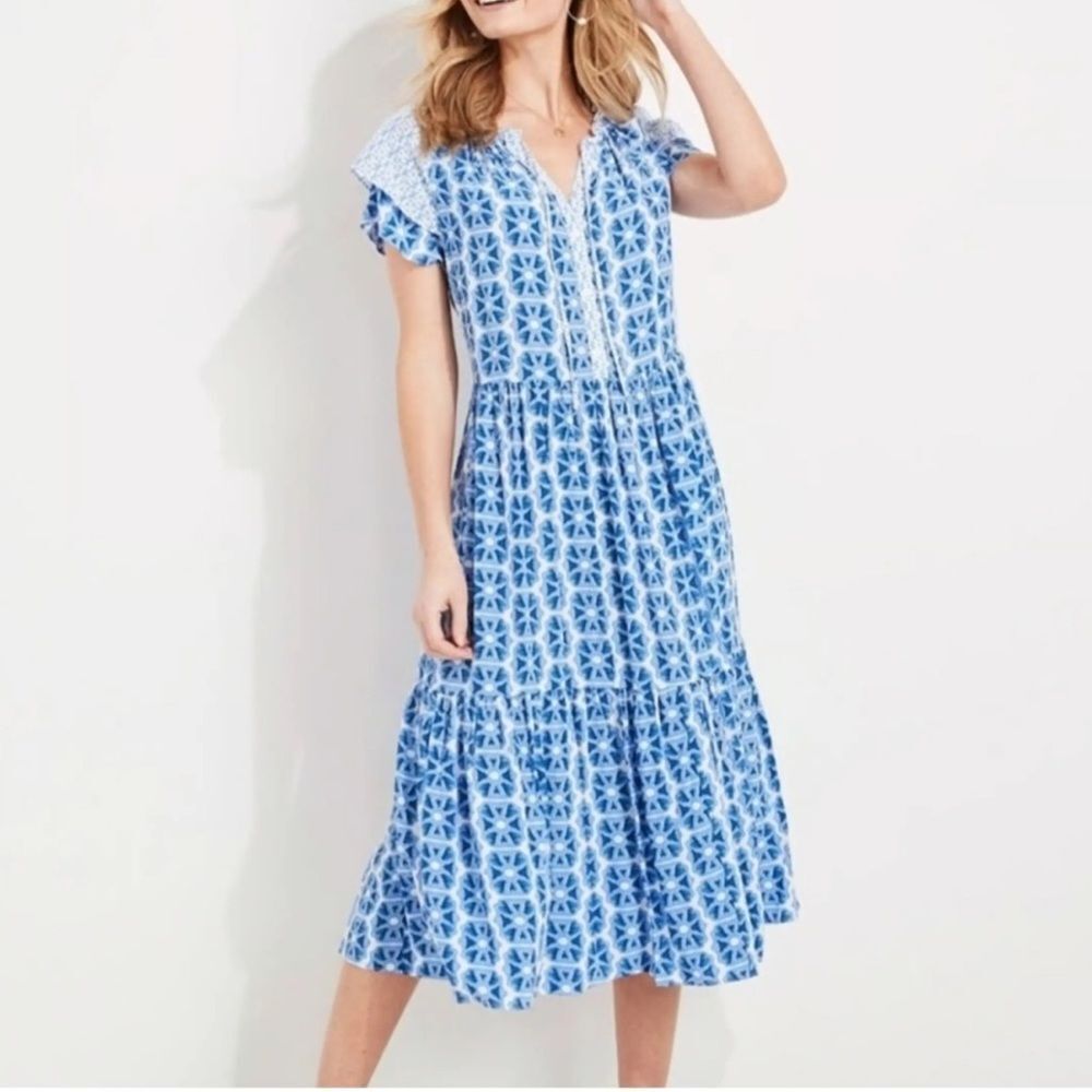 Vineyard Vines Blue Printed Tiered Midi Dress Short Sleeve Size L